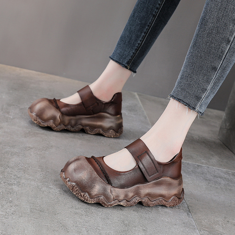 Giày Mary Jane nữ đế dày da bò cổ điển quai ngang Velcro — Màu nâu