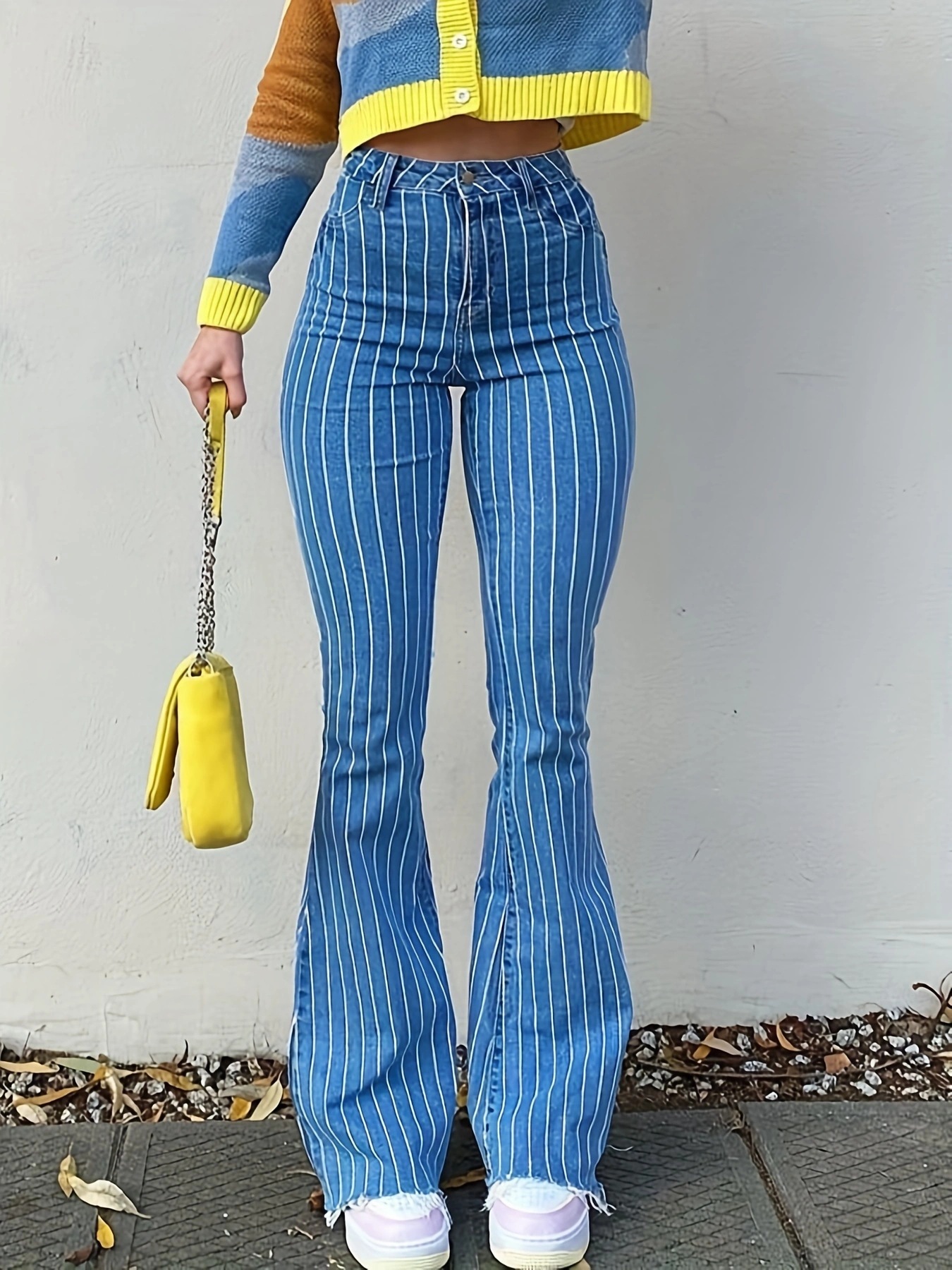 Frau Täglich Lässig Streifen In Voller Länge Gewaschen Schlaghose Jeans display picture 1