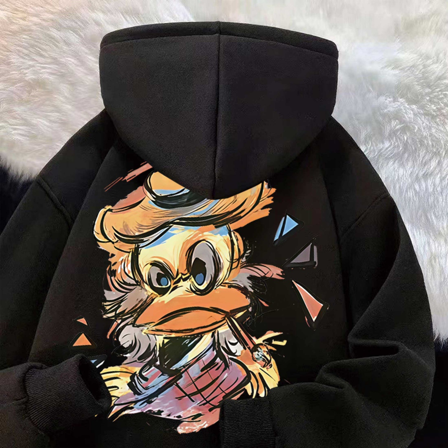 秋冬潮牌唐老鸭涂鸦印花连帽卫衣高街暗黑风加绒宽松oversize上衣