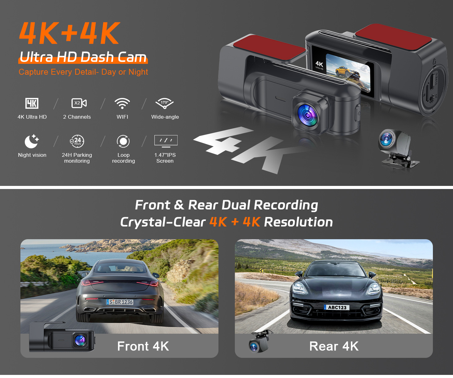 New cross-border dual 4K lens dashcam with Wifi connectivity, ultra-high-definition front and rear dual recording, GPS parking monitoring