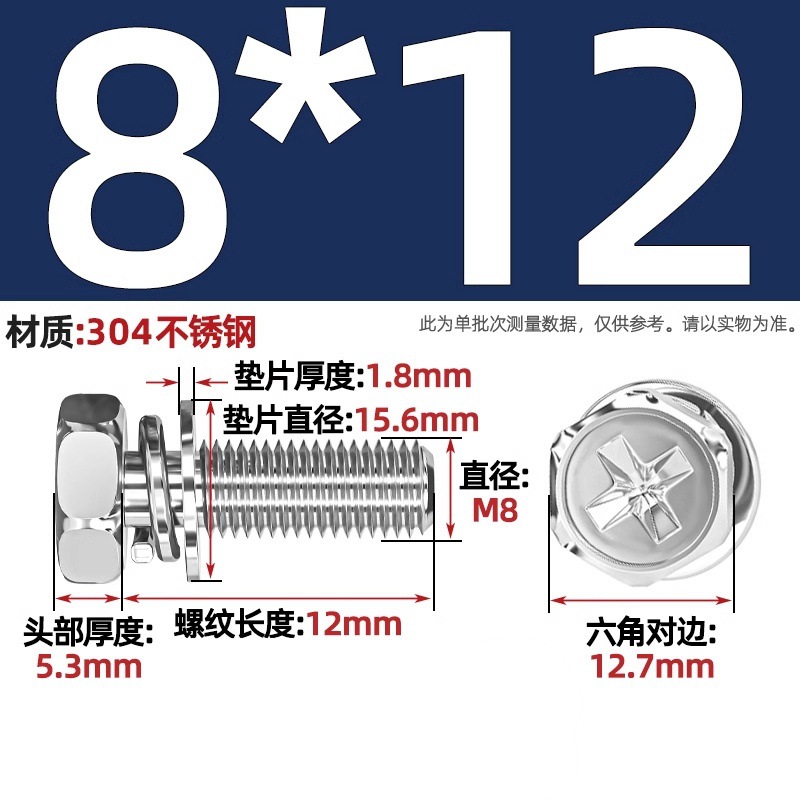 Болт комбинированный Tianzhuo Hardware M8x12 сталь 304