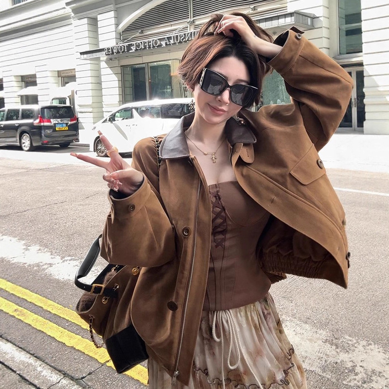 美式复古设计感做旧翻领夹克女2025秋季新款撞色拼接收腰显瘦外套|undefined