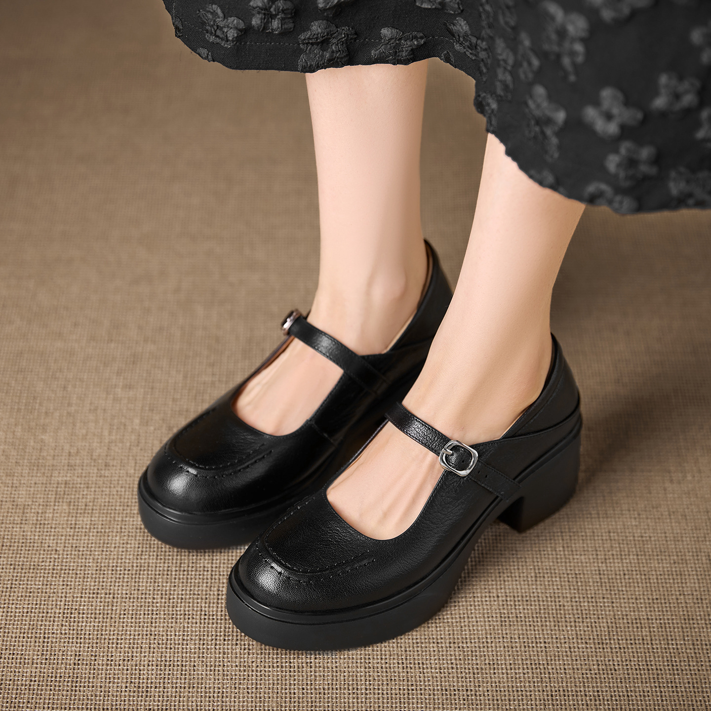 Giày Mary Jane nữ quai ngang có khóa, da cừu đế dày gót vuông 6,5 cm — đen