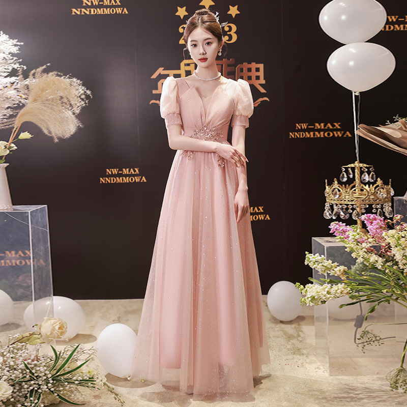 Long Lotus Root Pink Evening Gown for Women, Summer Birthday Party Dress, Elegant Student Performance Outfit