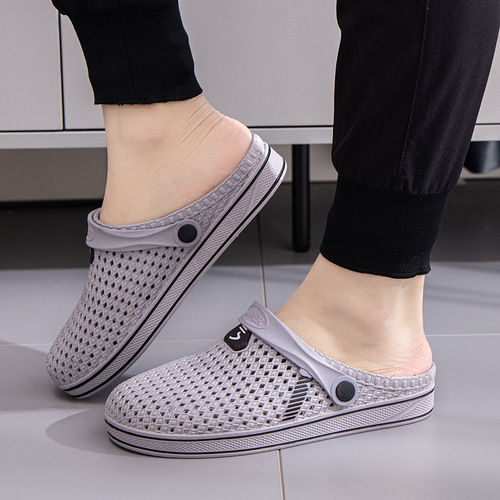 Men's Summer Slip-on Holes Shoes, Street Vendor Anti-slip Fashion Trendy Outdoor Soft Sole Head Cover Beach Cool Slippers