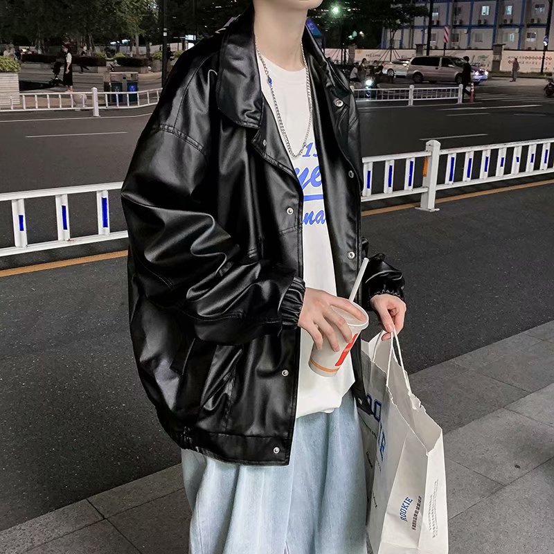 Men's jacket, Spring autumn oversized motorcycle suit men, loose and trendy PU leather for young pilots, _voghion.com