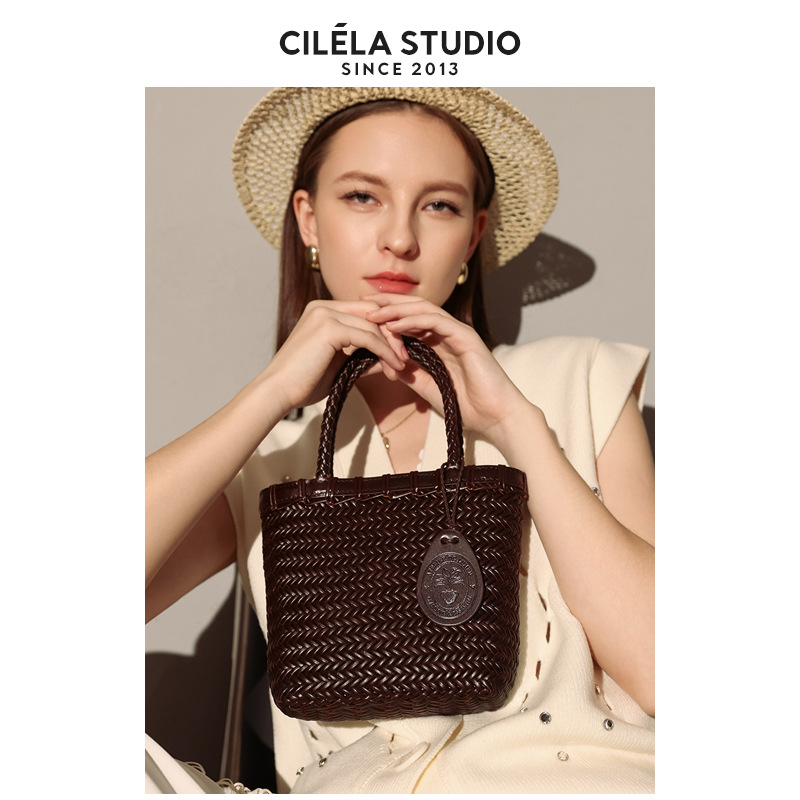 [Top Grain Leather] Handmade Woven Vacation Style Genuine Leather Handbag, Market Basket Tote Bag For Women, Summer - Thumbnail 2