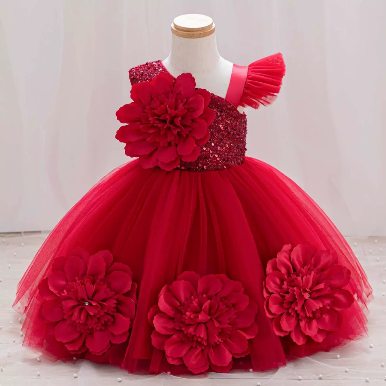 欧美童装网纱订花公主裙小童生日礼服裙钢琴表演服children gown
