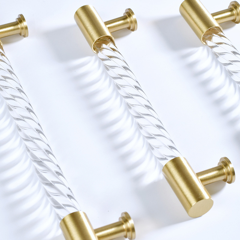 Creative light luxury brass acrylic twisted pattern handle cabinet furniture wardrobe door handle long bar double hole gold handle