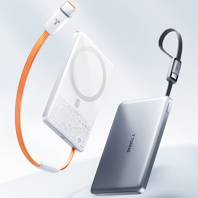 Torras Power Bank with Built-In Cable, 3C Certified, Compact and Portable, Suitable for Airplanes and High-Speed Trains, Magnetic Suction, Built-In Cable Model Pb20