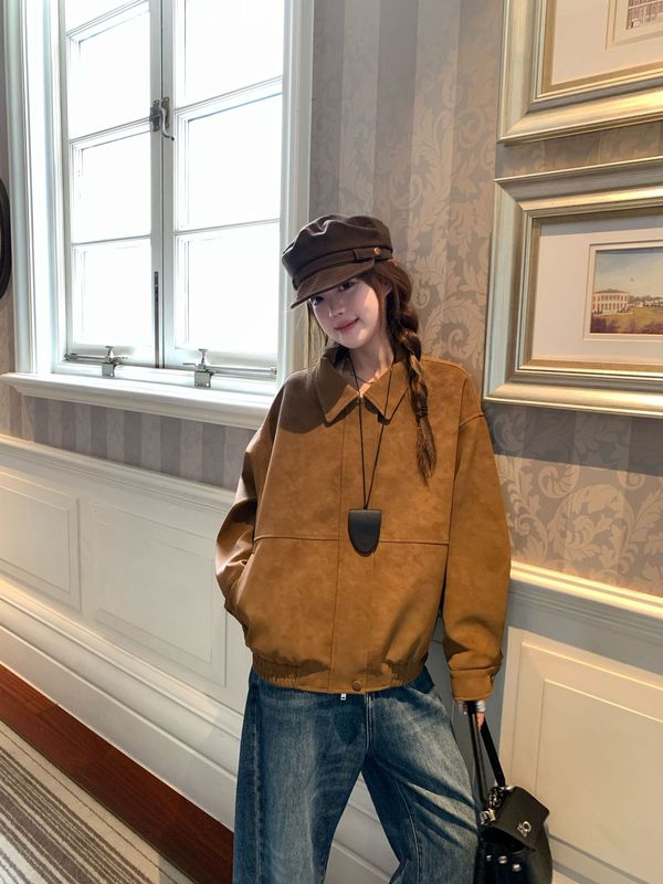 美拉德复古仿麂皮绒长袖外套女2025秋季新款宽松翻领休闲机车服女|undefined