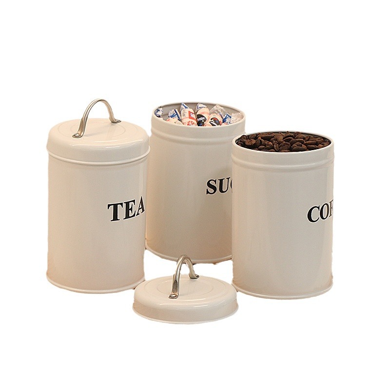 Industrial viento hierro arte metal europeo y americano juego de tres piezas café té caramelo tanque redondo de almacenamiento sellado a prueba de humedad