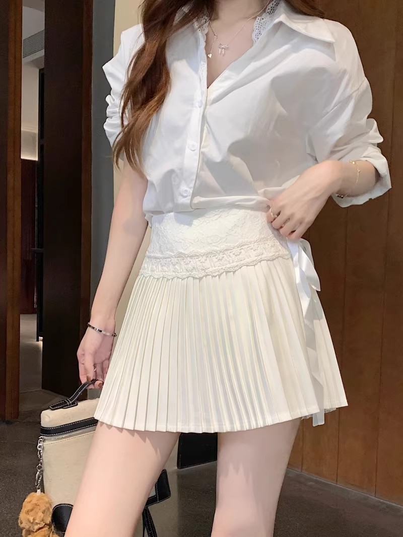 White design lace summer pleated skirt