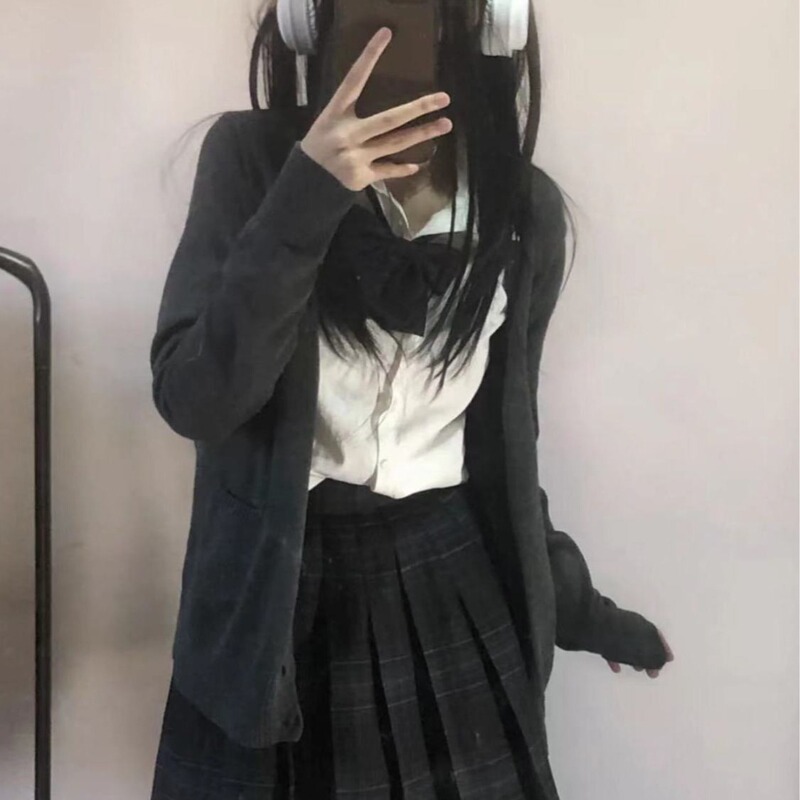 [Two pieces suit] jk uniform college style suit gray knitted cardigan sweet cool retro sweater coat shirt