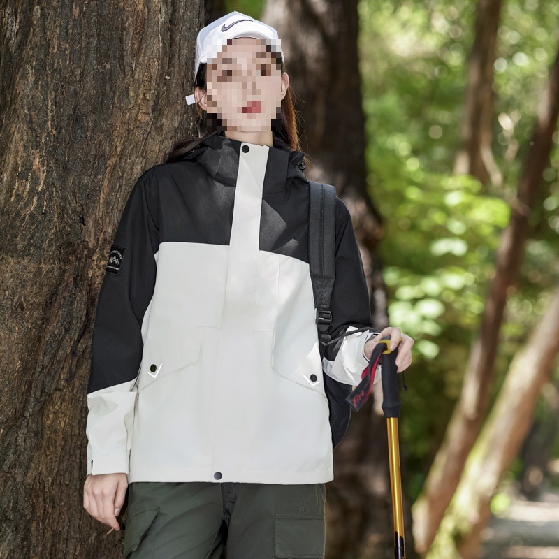 户外山系新款情侣冲锋衣单层拼色外套男连帽防水休闲登山服夹克男|undefined