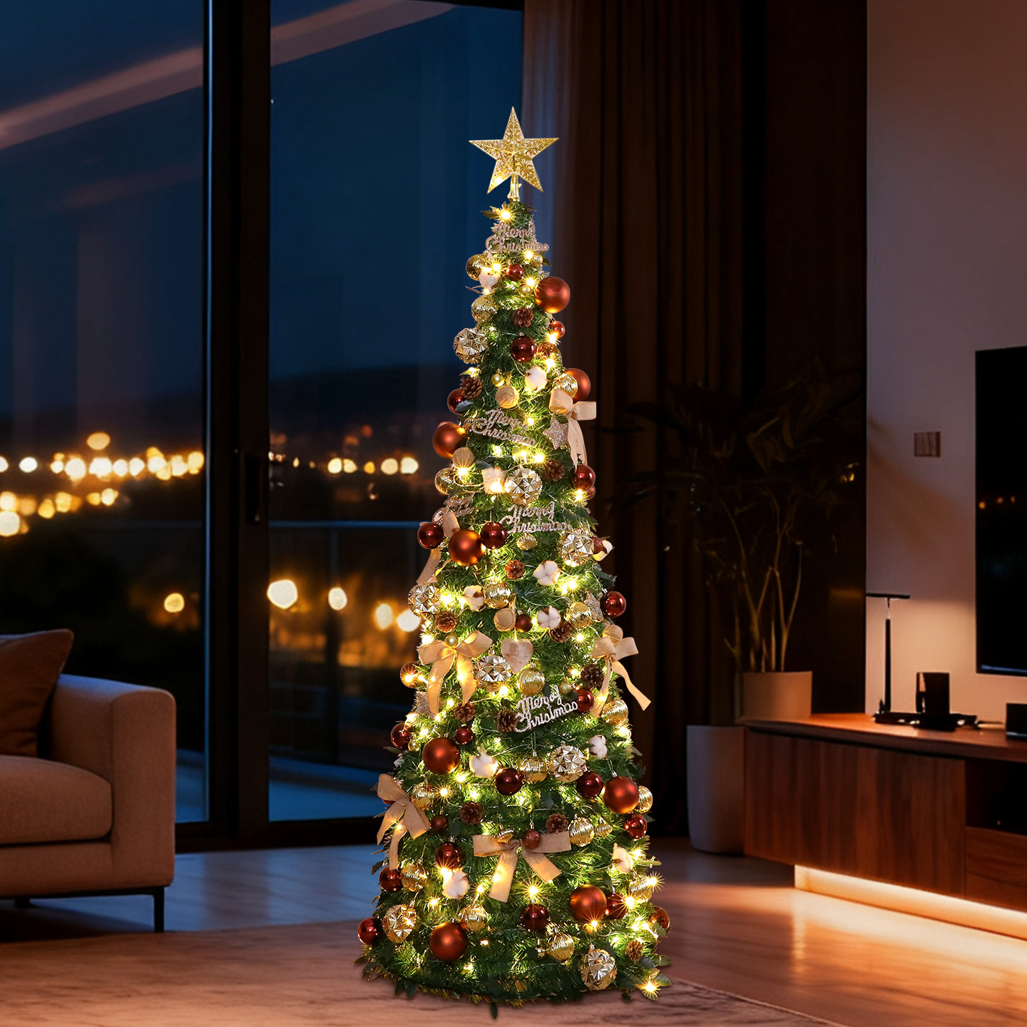 Nueva decoración de Navidad cifrada gran decoración plegable sin instalación retráctil paquete de árbol de Navidad luminoso de lujo