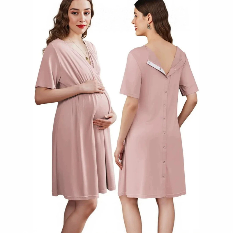 2026 Cross-Border European and American Deep V Maternity Nursing Loose Dress Summer Fashion Short Sleeve Breathable Maternity Wear Summer