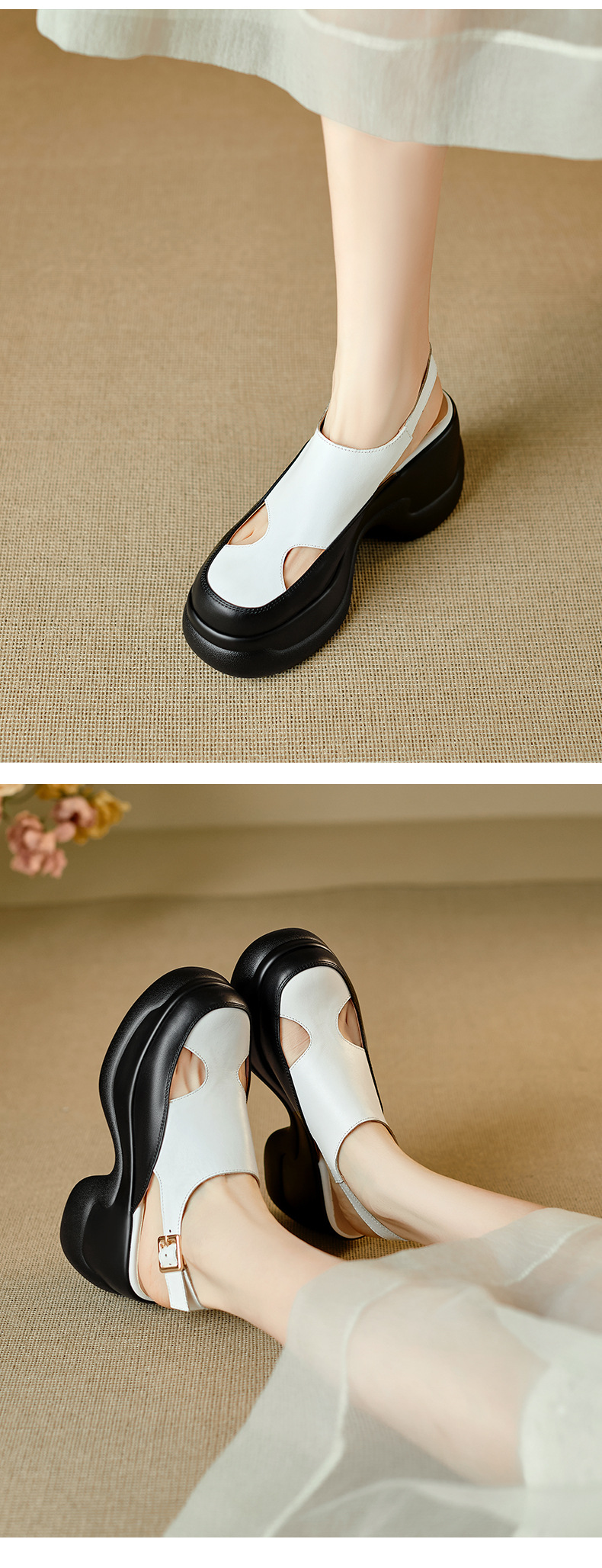 Sandal nữ cao gót đế xuồng platform mũi kín phong cách La Mã, gót 9.5 cm — màu đen, màu trắng chi tiết 9