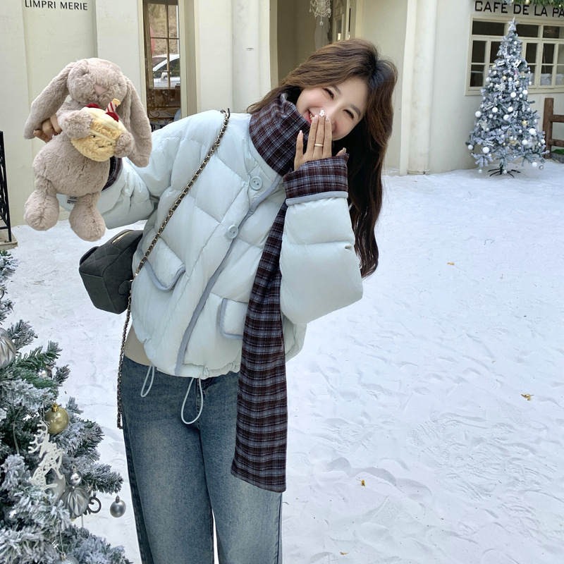 Light Blue Plaid Patchwork down Jacket for Petite Women, 2026 Winter New Korean Style Thickened White Duck down Puffer Jacket