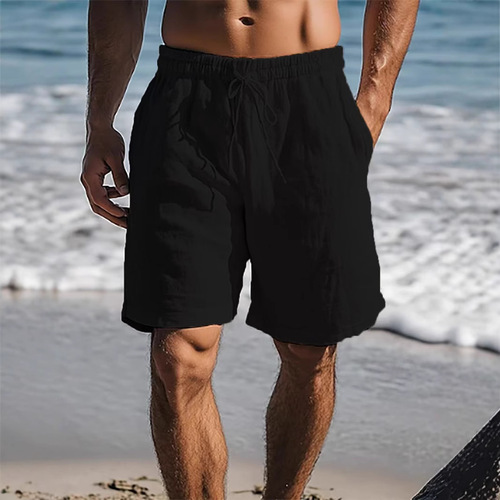 2025 Cross-border New Cotton Linen Drawstring Relaxed Waist Solid Color Breathable Daily Beach Five-Finger Casual Middle Pants