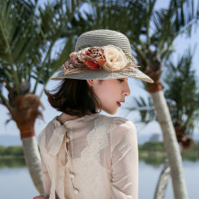 厂家直销 金丝金玫瑰女夏天防晒帽 欧根纱花朵沙滩帽旅游遮阳草帽