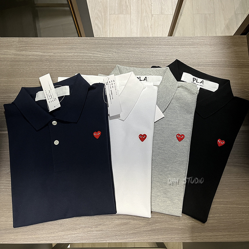 Polo Shirt with Small Red Heart, Short-Sleeve T-Shirt, Couple's Matching Outfit, Embroidered Polo Shirt, Pique Cotton Shirt, Thin Slim-Fit Style
