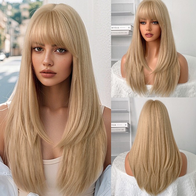 High-quality long straight layered wig for women with bangs, suitable for daily use, fluffy synthetic heat-resistant fiber wig High-quality long straight layered wig for women with bangs, suitable for daily use, fluffy synthetic heat-resistant fiber wig
