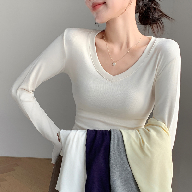 H255 Strict Selection of Love Collar Base Shirt Inner Wearing Outer Wearing Design Sense Top White Long Sleeve T-Shirt Shoulder V-Neck Autumn