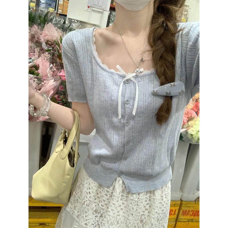 Bow Lace Knitwear Short-Sleeved Women's Summer Niche Square Collar Button Bottoming T-Shirt Petite Short Top