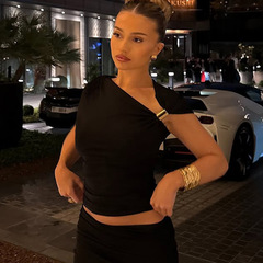 亚马逊外贸欧美ins风女装纯色单袖露肩不对称缩褶露脐紧身T恤上衣