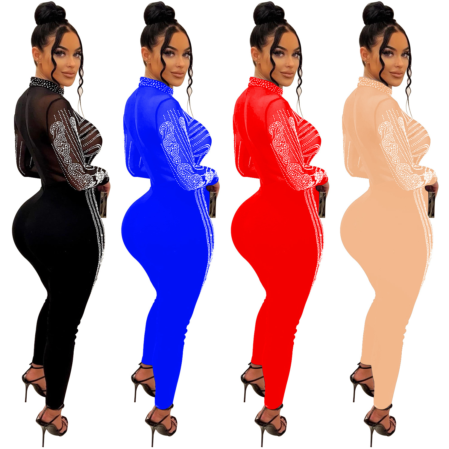 C6247 transfronteriza AliExpress Amazon europeo y americano de las mujeres de moda de color sólido de malla de diamantes de imitación de manga larga pantalones mono