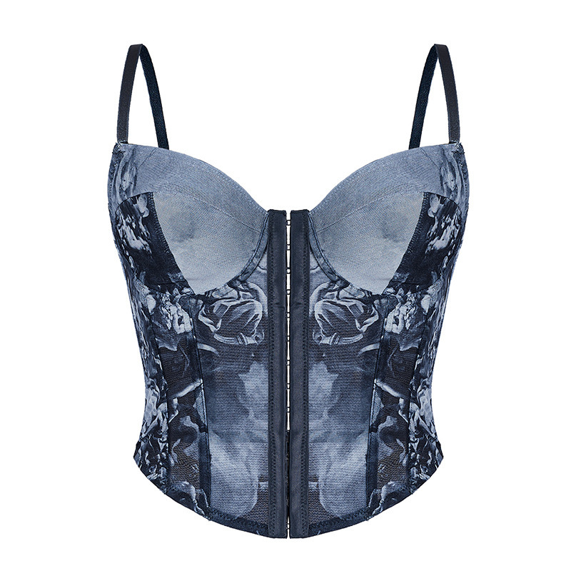 Cross-Border Retro Printed Denim Suspender Tube Top Sexy Body-Shaping Slimming Embroidered Lace Palace Style Fishbone Bra