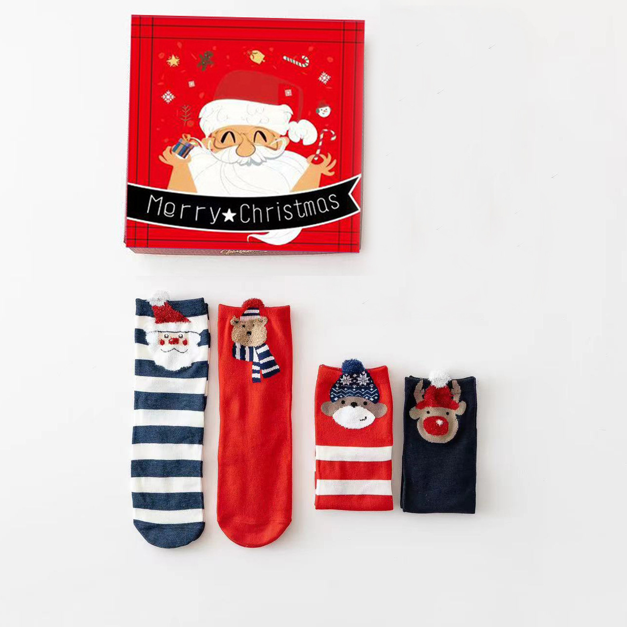 Medias de Navidad transfronterizas caja de regalo otoño y invierno nuevos productos de dibujos animados estereoscópicos lindos calcetines de mediana de mujer mediana medias rojas de Navidad al por mayor