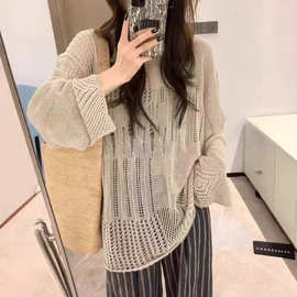 韩系网织镂空长袖针织衫罩衫慵懒松弛感上衣女2026春季新款