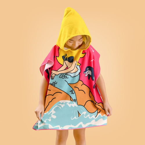 Children's Bath Towel Cape with Cute Cartoon Print, Easy to Absorb, Thick and Warm, Wearable Hooded Beach Towel