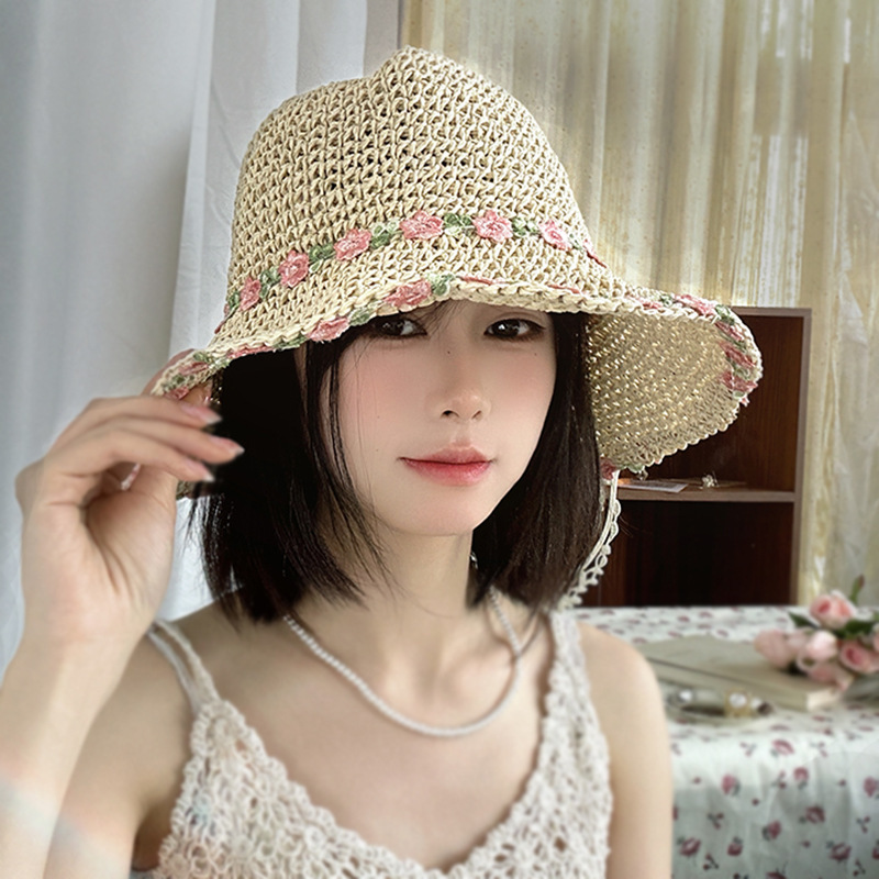 Lace News ~ Dark Blue Light Blue * French Pastoral Cute Straw Shade Hat Women's Summer Travel Sunscreen Hat