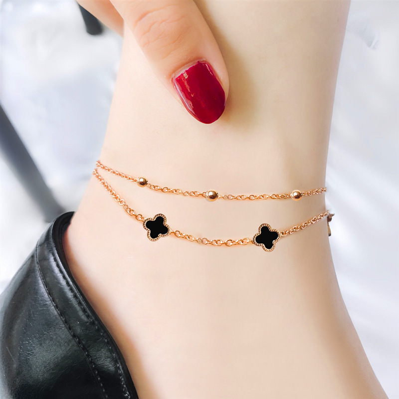 Wenjian personalizado estilo coreano doble capa de cuatro hojas flor tobillera red de las mujeres rojo sexy rosa de las mujeres de titanio de oro nicho de acero diseño pie