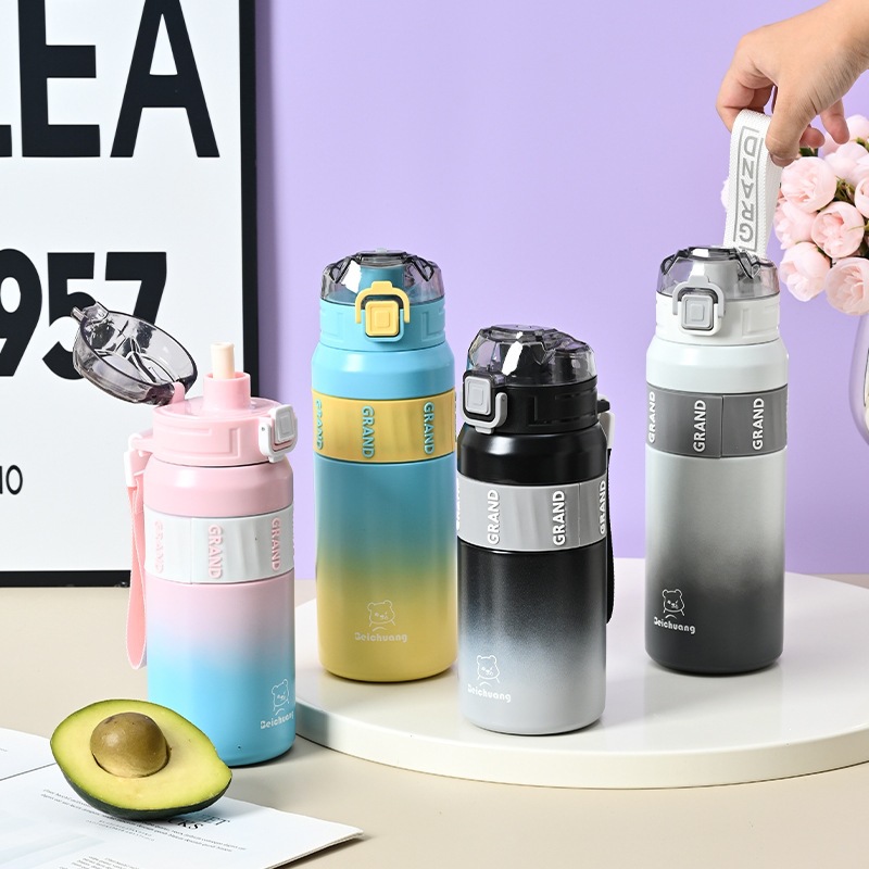 Taza de moda de acero inoxidable de color gradiente taza de aislamiento térmico portátil taza de paja al aire libre taza deportiva de doble capa de gran capacidad para hombres y mujeres