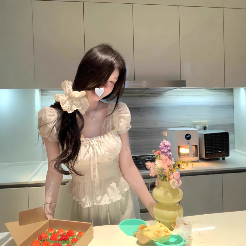 白水女白玫奶芙泡泡袖上衣女纯欲风氛围感修身显瘦外穿短袖上衣|undefined