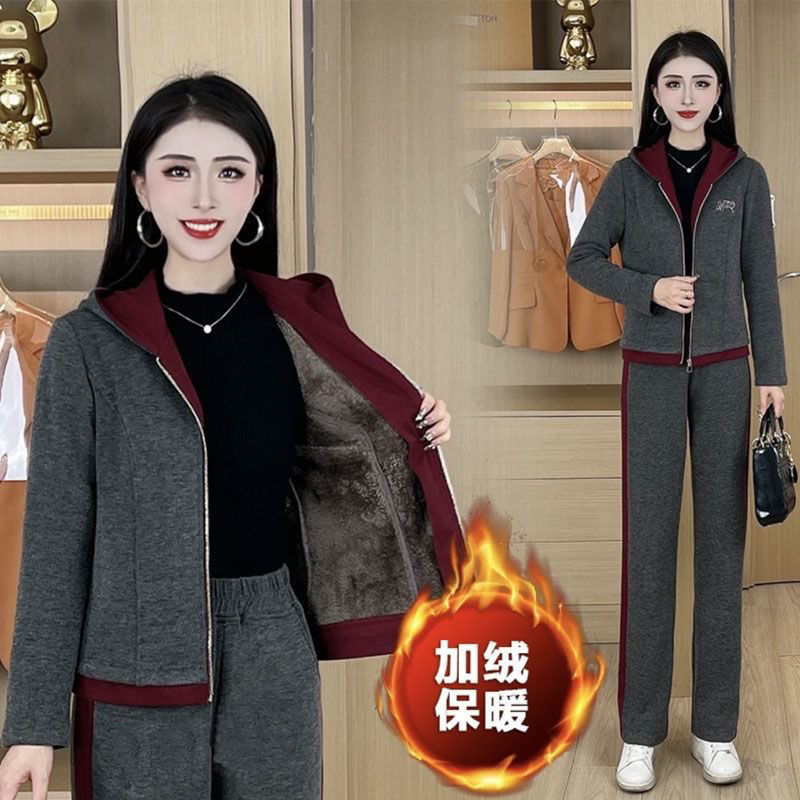 New 8 Loose Elegant Slim Thickened Fashion Casual Sports Autumn and Winter Two-piece 95 fleece-lined Women's suit New 8 Loose Elegant Slim Thickened Fashion Casual Sports Autumn and Winter Two-piece 95 fleece-lined Women's suit