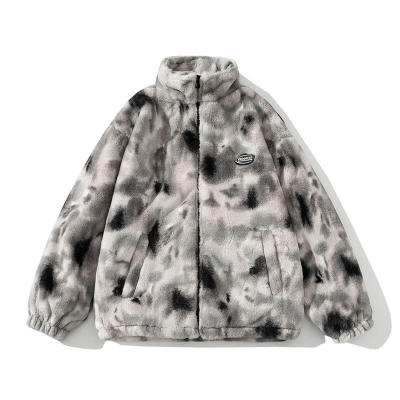 Men's Clothing 24 Winter Large Size Lazy Tie Dye Plush Thickened Retro Hip Hop Couple Clothes Korean Stand up Collar Cotton Clothes_voghion.com