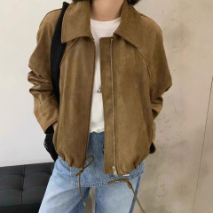 韩版时尚百搭宽松显瘦鹿皮绒抽绳长袖外套女休闲夹克上衣秋季新款