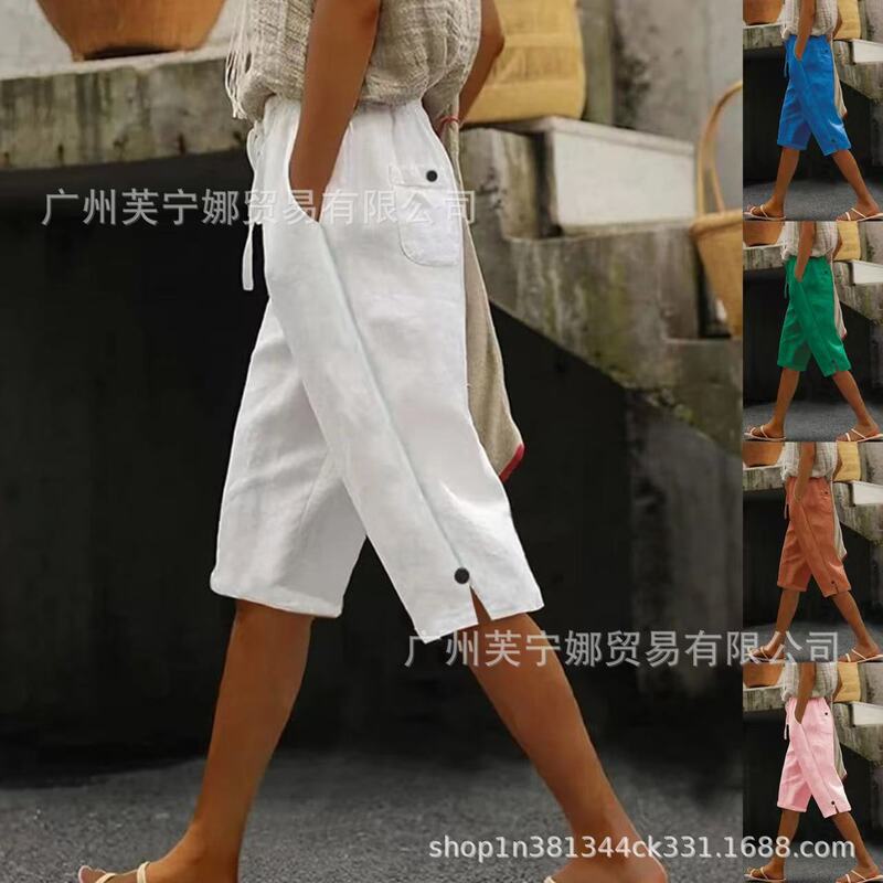 European and American Cross-Border Spring and Autumn New Women's Pants, Cotton and Linen, Solid Color, Fashionable Casual Daily Wear, Side Pockets, Drawstring, Elastic Waist, Cropped Pants European and American Cross-Border Spring and Autumn New Women's Pants, Cotton and Linen, Solid Color, Fashionable Casual Daily Wear, Side Pockets, Drawstring, Elastic Waist, Cropped Pants