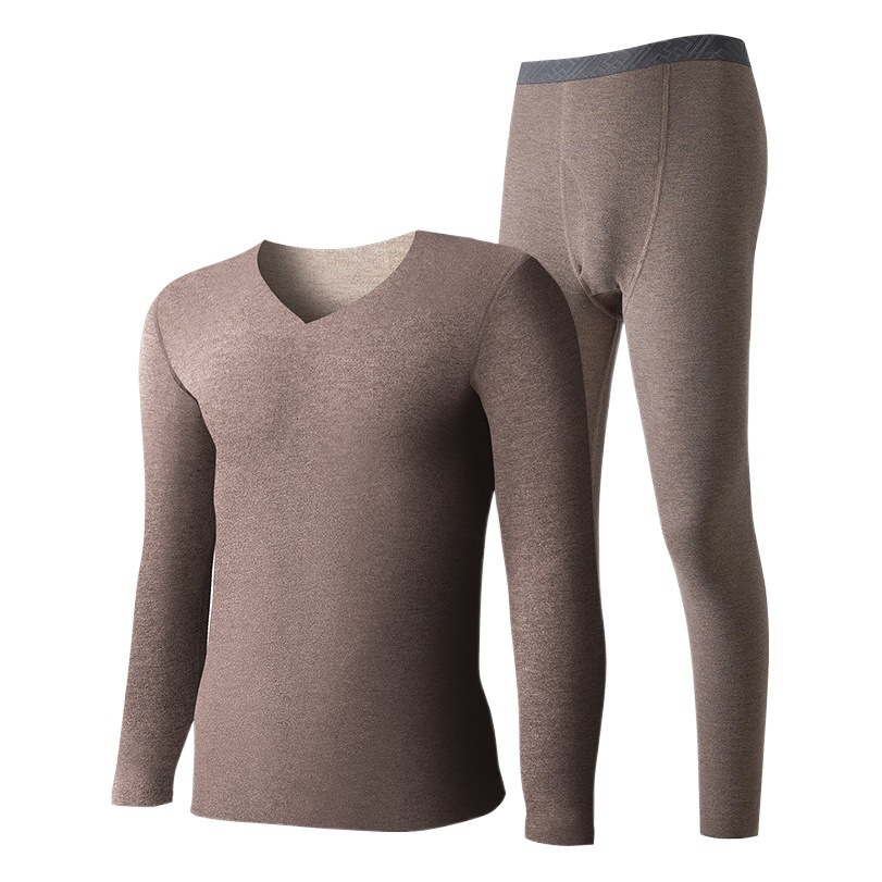 Conjunto de ropa interior térmica de lana de seda para otoño e invierno para hombre, ropa térmica gruesa con forro polar de color puro, ropa de otoño y pantalones de otoño en stock
