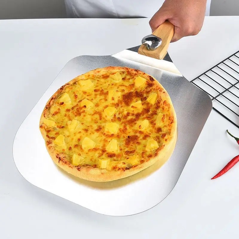 Pala de pizza de aluminio plegable, transferencia de mango de madera, pala de pizza, juego de herramientas de cortador de pizza, pala de pizza para hornear image 1