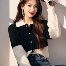 韩系穿搭黑白拼色翻领针织开衫女装时尚简约百搭毛衣外套