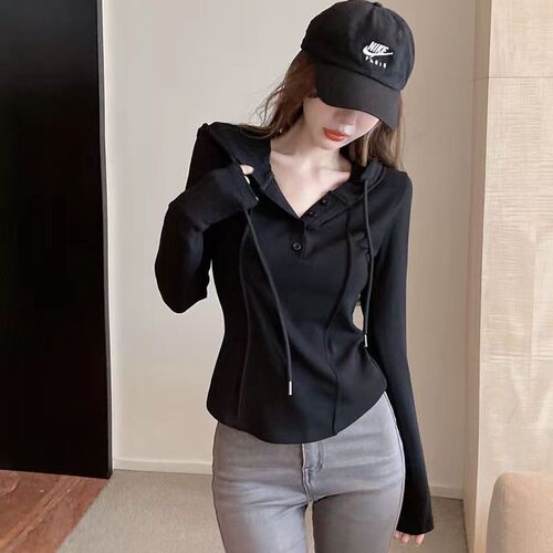 Korean Style Hooded Sweatshirt, American Style, Fitted, Slimming Base Shirt for Women, Spring and Autumn Season, Irregular Inner Long Sleeve T-Shirt