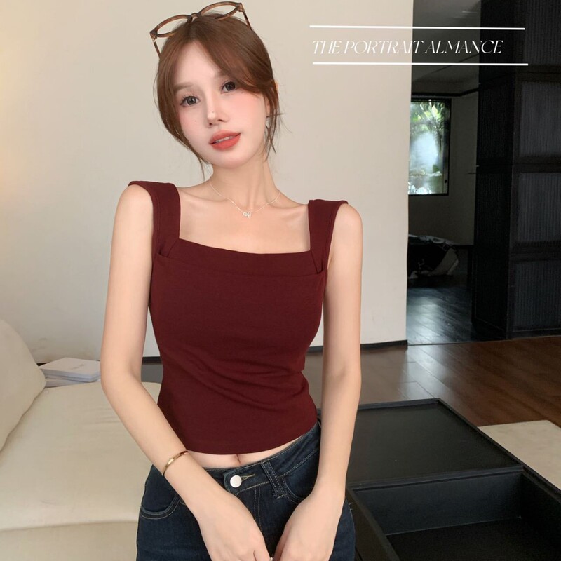 88029# Wide Shoulder Right Angle Shoulder Double-layer One-character Collar Vest Simple Solid Color All-match with Chest Pad Outer Wearing Top