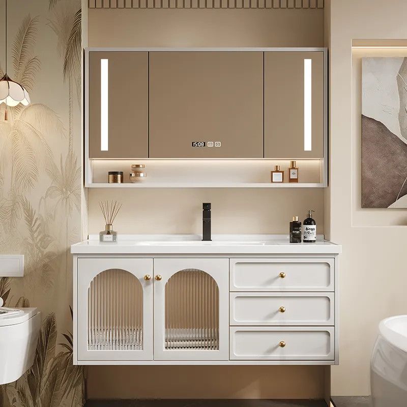 Simple French-Style Country Washbasin Bathroom Cabinet Set with Integrated Mirror Cabinet in Cream Color