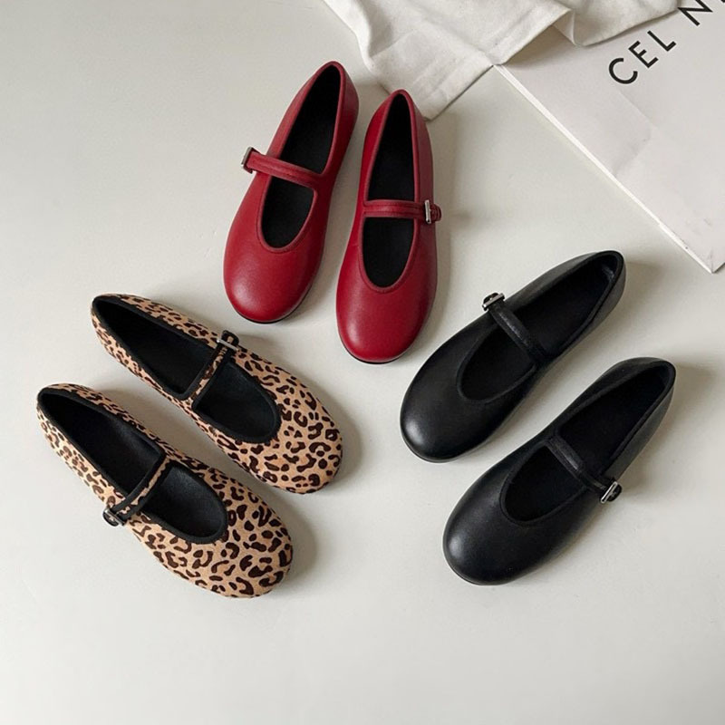 Soft-soled long-walking shoes European station leopard-print horse hair buckle flat-soled Mary Jane ballet shoes women's milk shoes